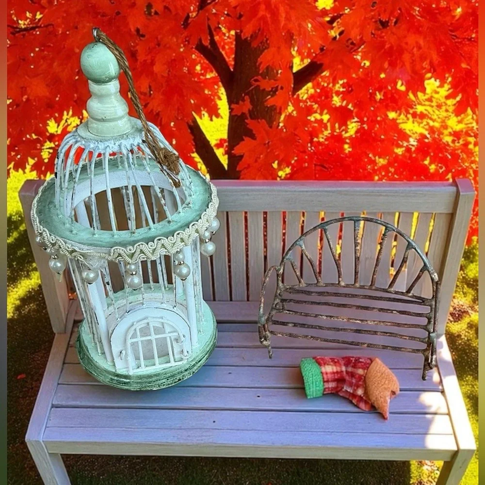 Vintage Fairy Garden Décor Whimsical Birdcage & Iron Bench Set